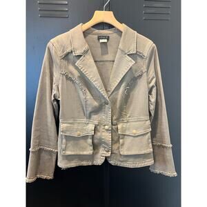 Venus Utility Jacket Military Twill Ruffled Tie Sleeves Snaps Pockets Women's L